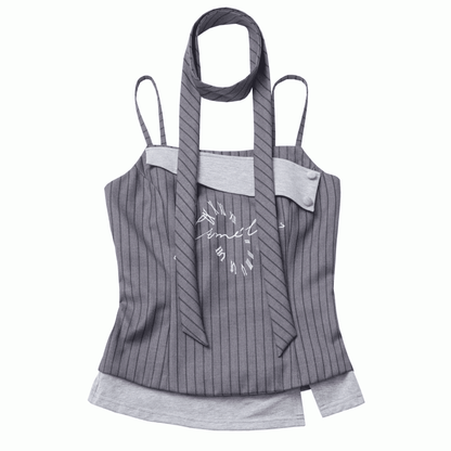 Detachable Dark Preppy Light Gray Faux Scarf with Two-Piece | Stripe Camisole