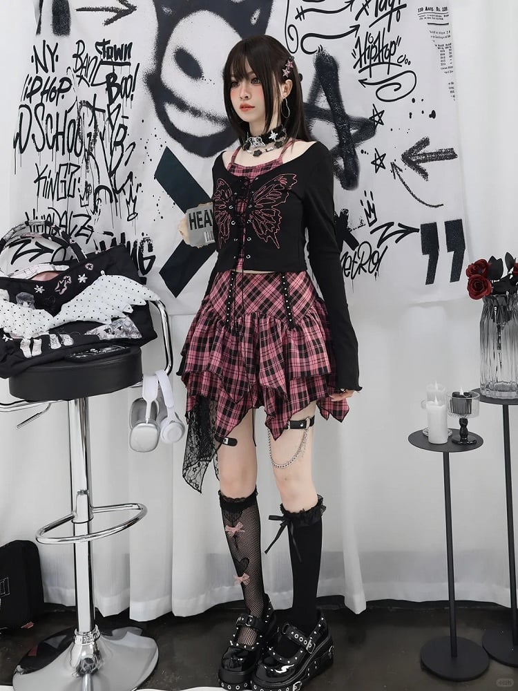 Top Faux Y2K Schnürung vorne Schmetterlingsdruck Schwarz Pink Plaid Zweiteiler und