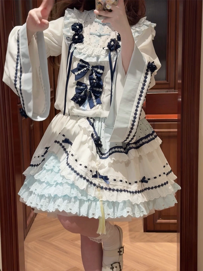 and White Banded Lolita Han Accents Blue Flower Collar Bow Dress with Puff Sleeves