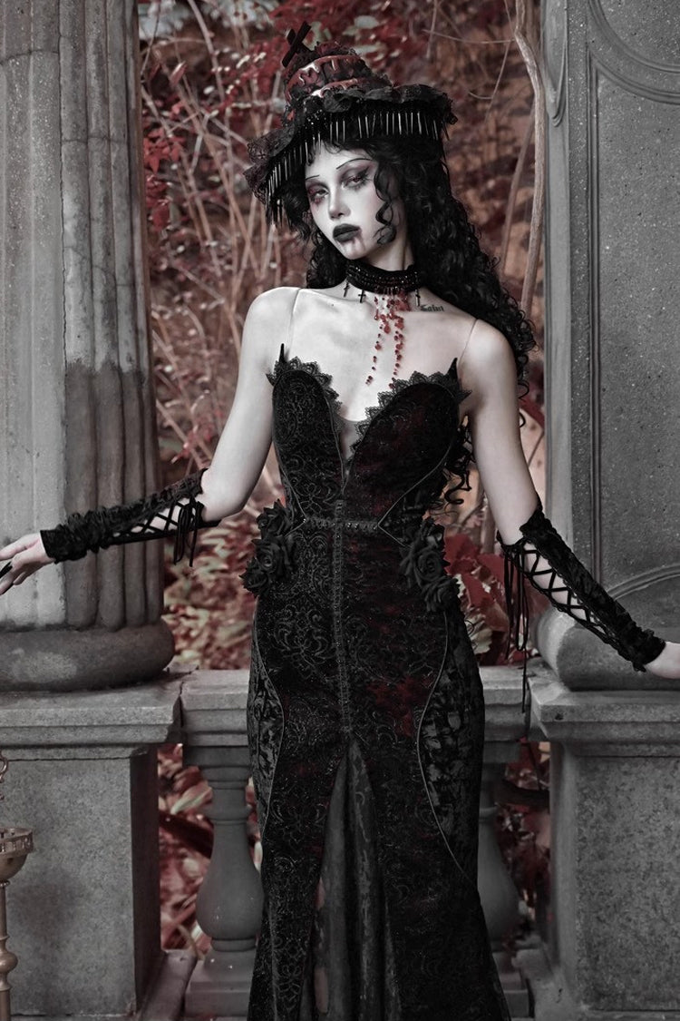 Black and Red Sleeveless High-Waisted Ruffle Lace Gothic Fishtail Dress