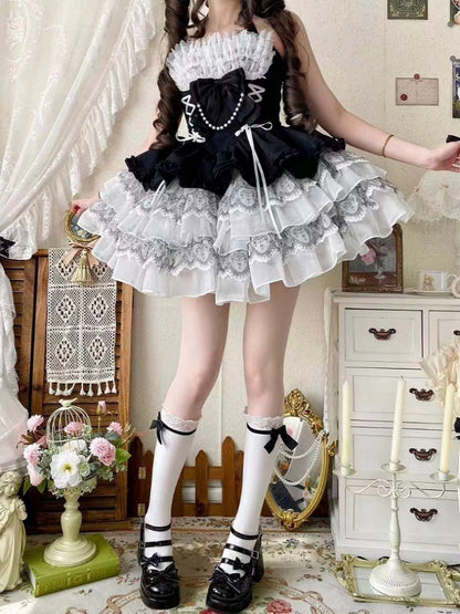 Balletcore Schwarzes Neckholder-Kleid mit weißem Prinzessinnen- und Lolita-Ausschnitt