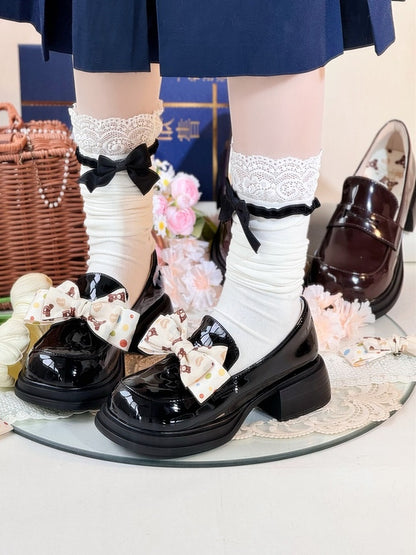 Fit Style Black JK Detachable in Loafers Mid-heel Design Print Academic Bear Bow Slip-in