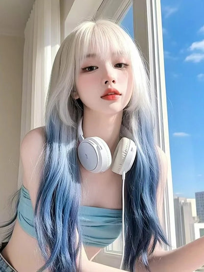Platinum and Blonde with Ombre Blue Bangs Air Wig Wavy