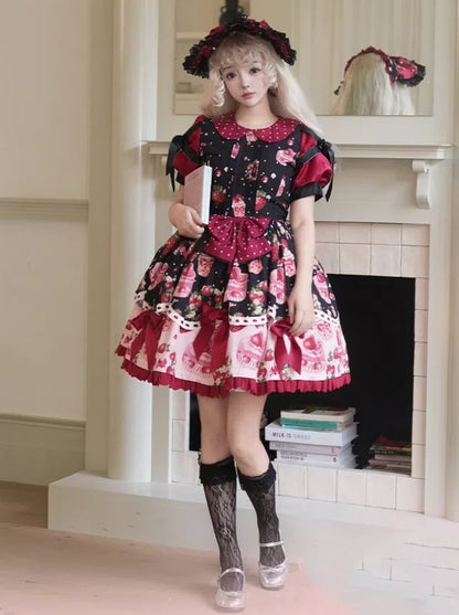 Strawberry Print Black and Red Sweet Polka-dots Peter Pan Collar Lolita Dress