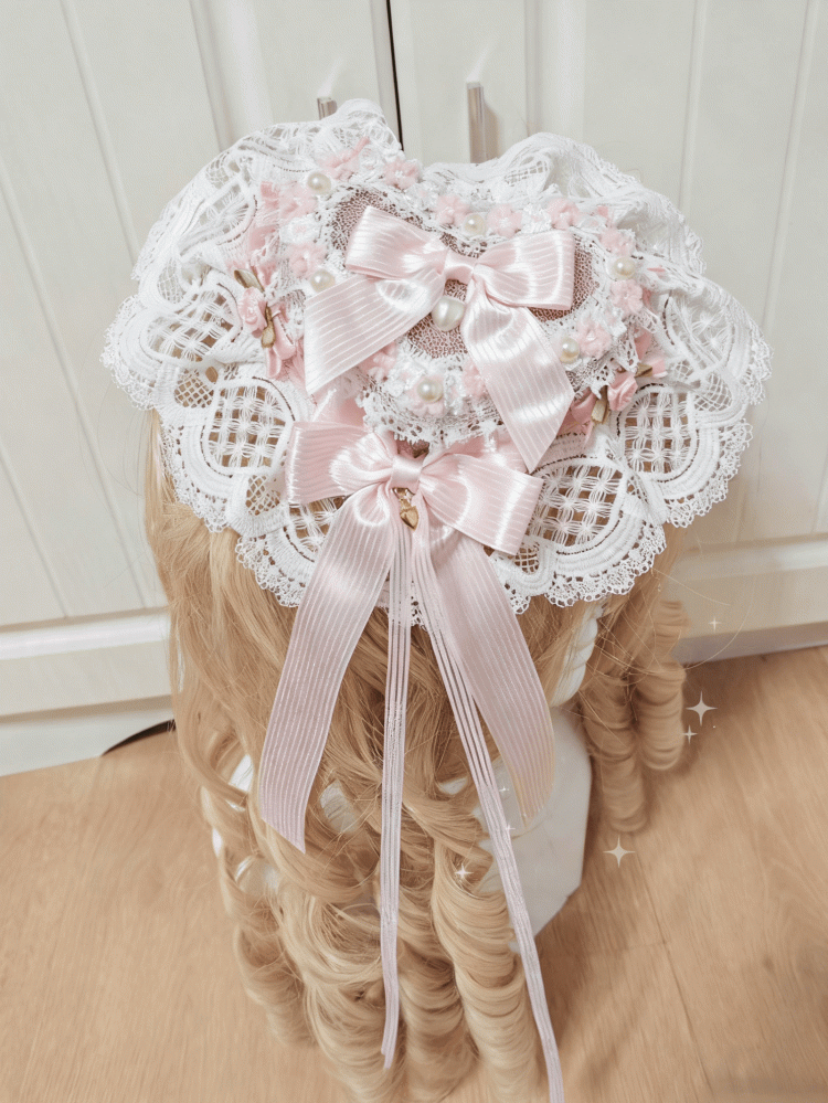 Sweet Pink/Red/Blue Bowknot Hat Mini Clips With Lace Heart-shaped Lolita