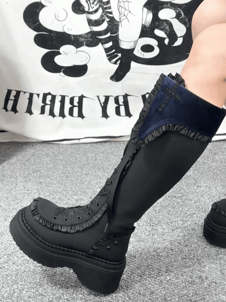 Blue Gothic Boots Trim Inner Lace-up Closure Zip with Front Ruffle Regular/Thicken Black Platform Version Ties