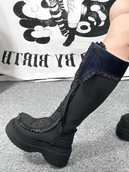 Blue Gothic Boots Trim Inner Lace-up Closure Zip with Front Ruffle Regular/Thicken Black Platform Version Ties