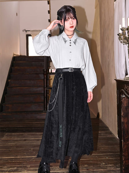 Bronze Skirt Maxi Ribbon + Patchwork Chain Detachable Iregular Hem Waist Black Cheongsam with Embroidered