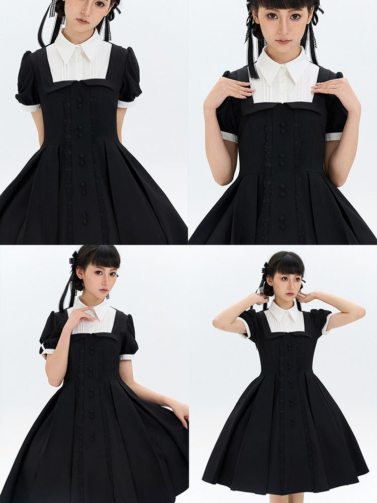 Two-pieces OP Lolita Black Dress Sleeves Design White Short Fake