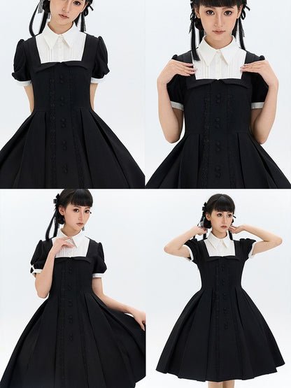 Two-pieces OP Lolita Black Dress Sleeves Design White Short Fake