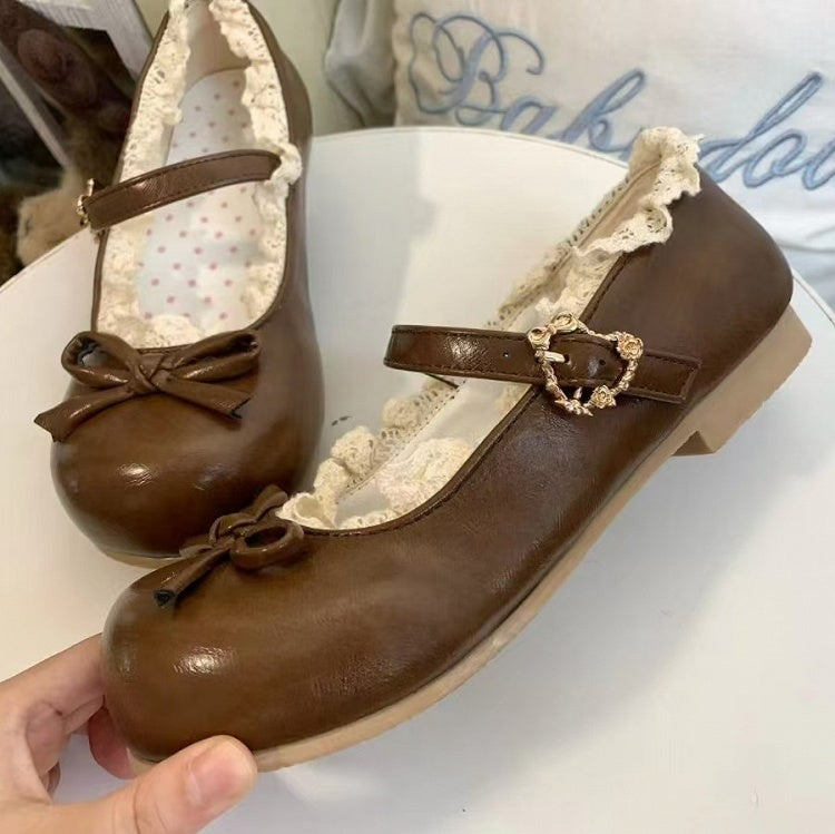 Sweet Janes Low-heel Mary Dark Closure Heart with Lace Lolita Trim Snap Brown