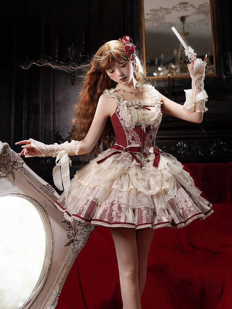 Lolita Red Skirt Print Princess + Boned Floral Corset Wine Balletcore Top