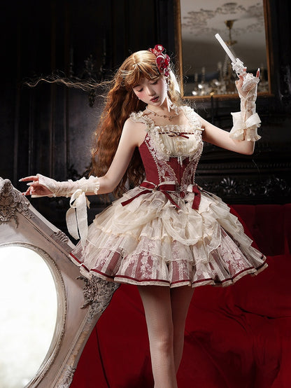 Wine Red Balletcore Princess Corset Top with Floral Skirt - Nine Odes