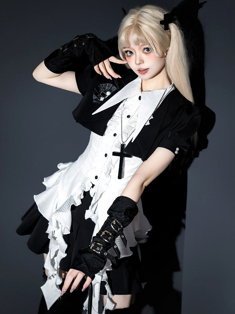 Kurzes und Gothic-Shirt, ärmellos, weiß, Lolita-Set, schwarz, voll – Top, Rock +