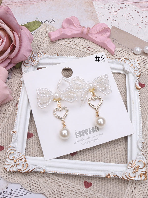 Beaded Kei Bow Jirai Earrings White