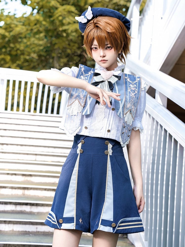 White and Gold Shirt Black Buttons Lolita Heart-Shaped Bow with Ruffled