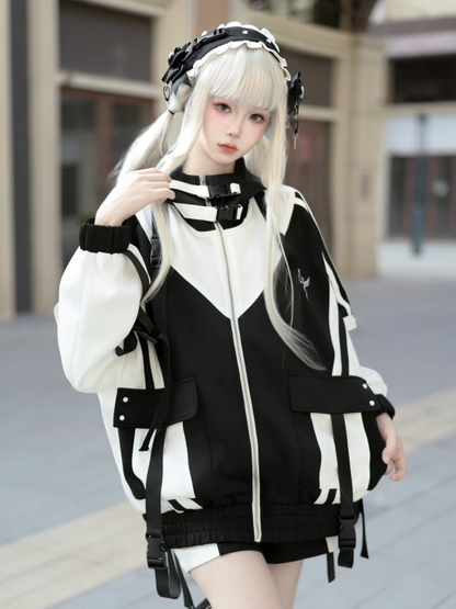 with Black Decorative Colorblock Techwear and Style Tech Fit Landmine Baggy White Snaps Jacket