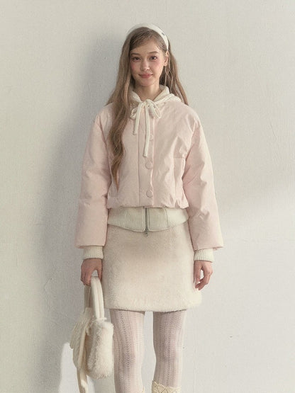 Jacket with Pink Hooded Down Bow Fake Two-Piece Details