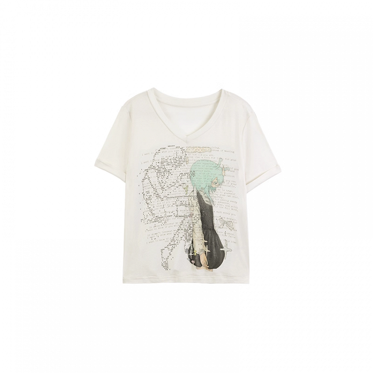 Green/Pink Anime Girl Print V-neck T-shirt