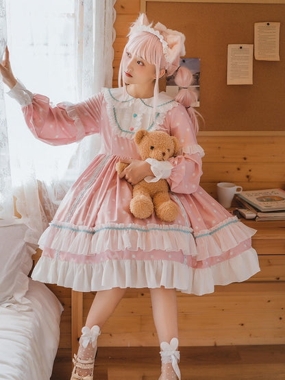 Polka Pink with Dress Ruffle Long Dot Sweet Sleeve Lolita OP Details