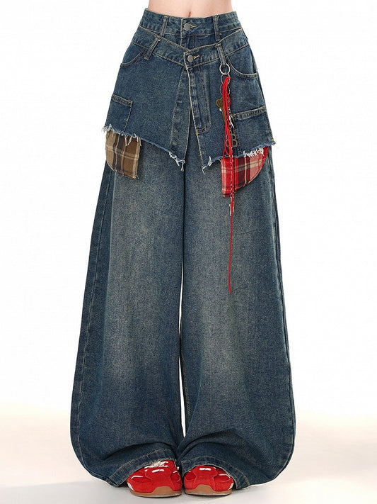 Blaue Jeans mit weitem Bein und Fake-Zweiteiler-Design