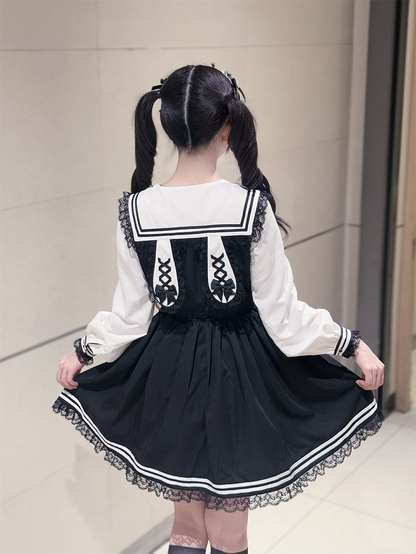 Jirai Bunny-Ear Lace Sailor with Dress White Long and Dress: Trim Kawaii Black Kei Collar Sleeve