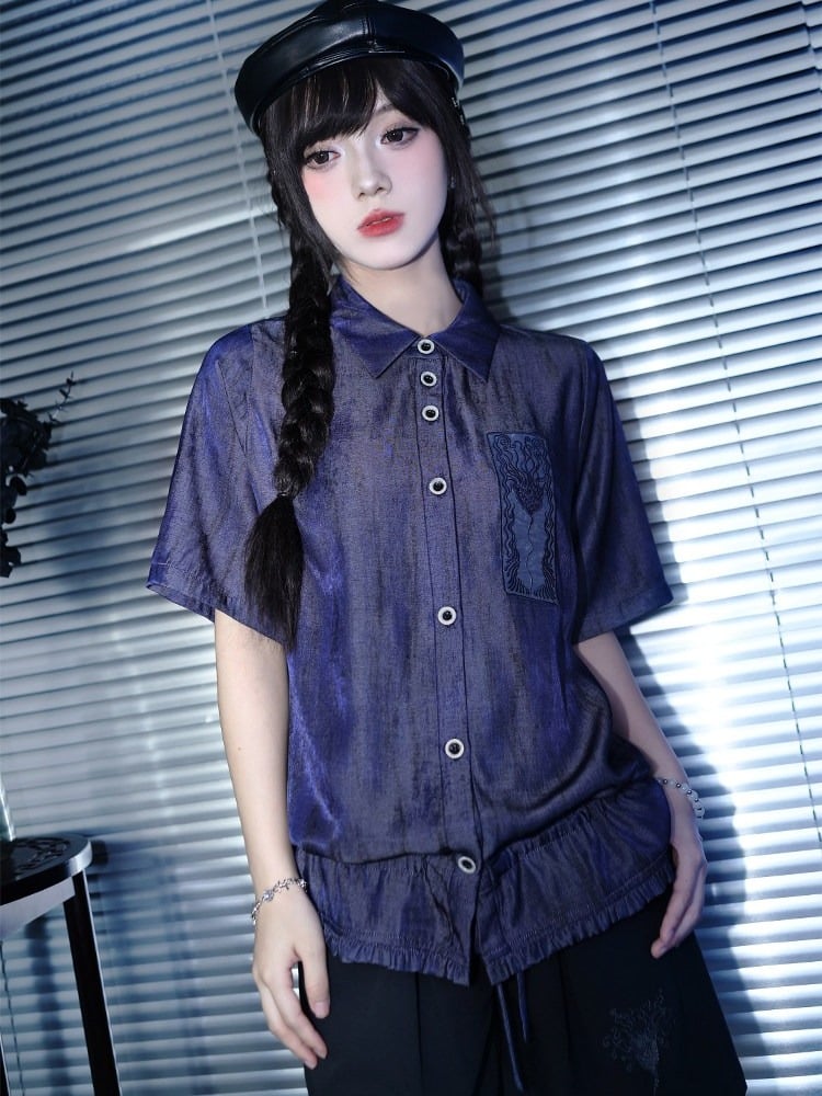 Purple Short Sleeve Shirt with Sea Lily and Drawstring - Quirky Hut