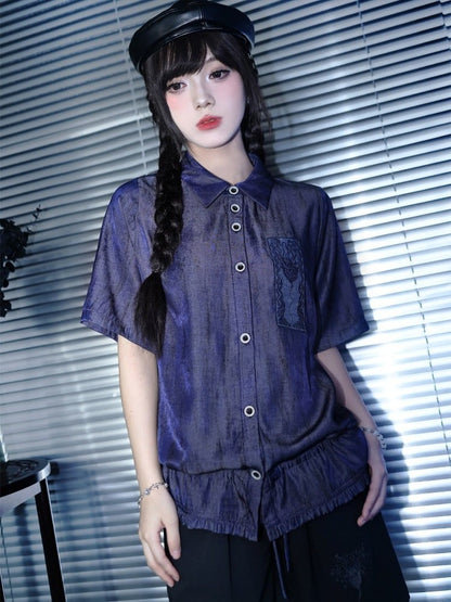 Purple Short Sleeve Shirt with Sea Lily and Drawstring - Quirky Hut