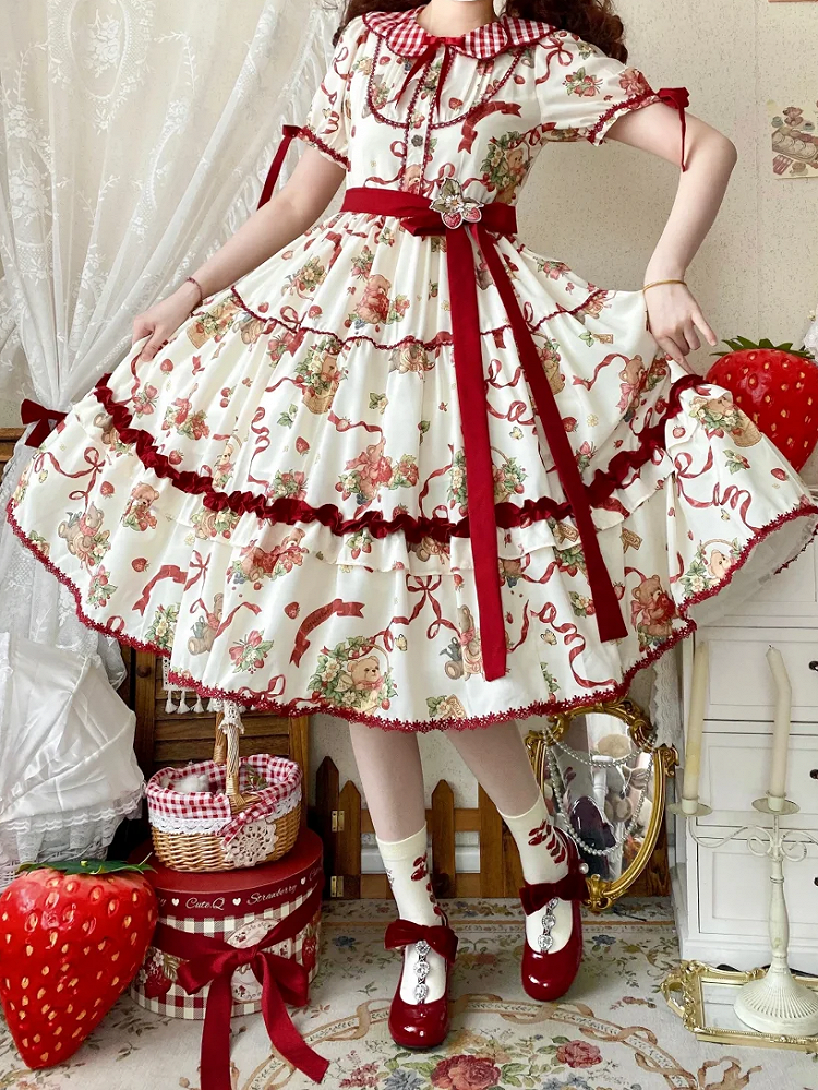 Dress Sleeves Short Strawberry Creamy Lolita Teddy Print and White