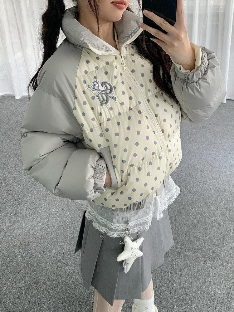 Beige Colorblock Cuffs with Embroidered Elastic Dot Letters Design Jacket Polka