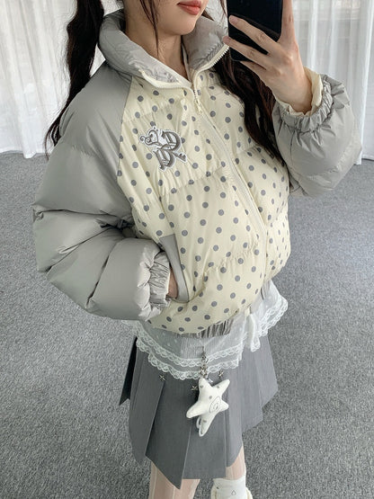 Beige Colorblock Cuffs with Embroidered Elastic Dot Letters Design Jacket Polka
