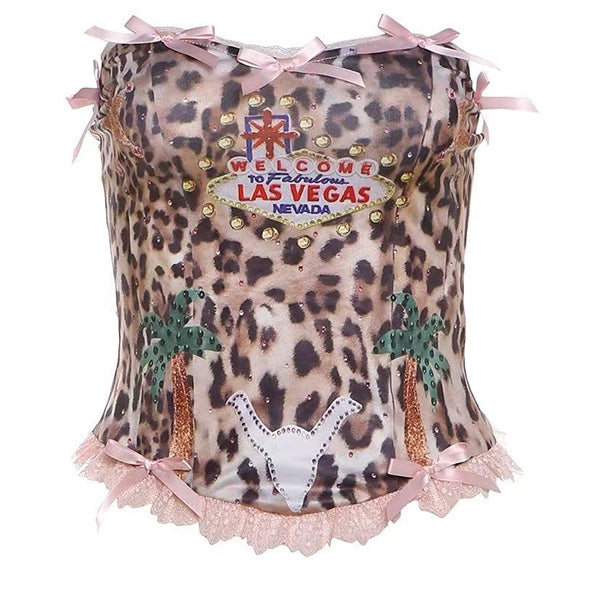 Mit trägerlosem Leoparden-Cami-Top, gepolstert, rosa Muster, Körbchen, braun
