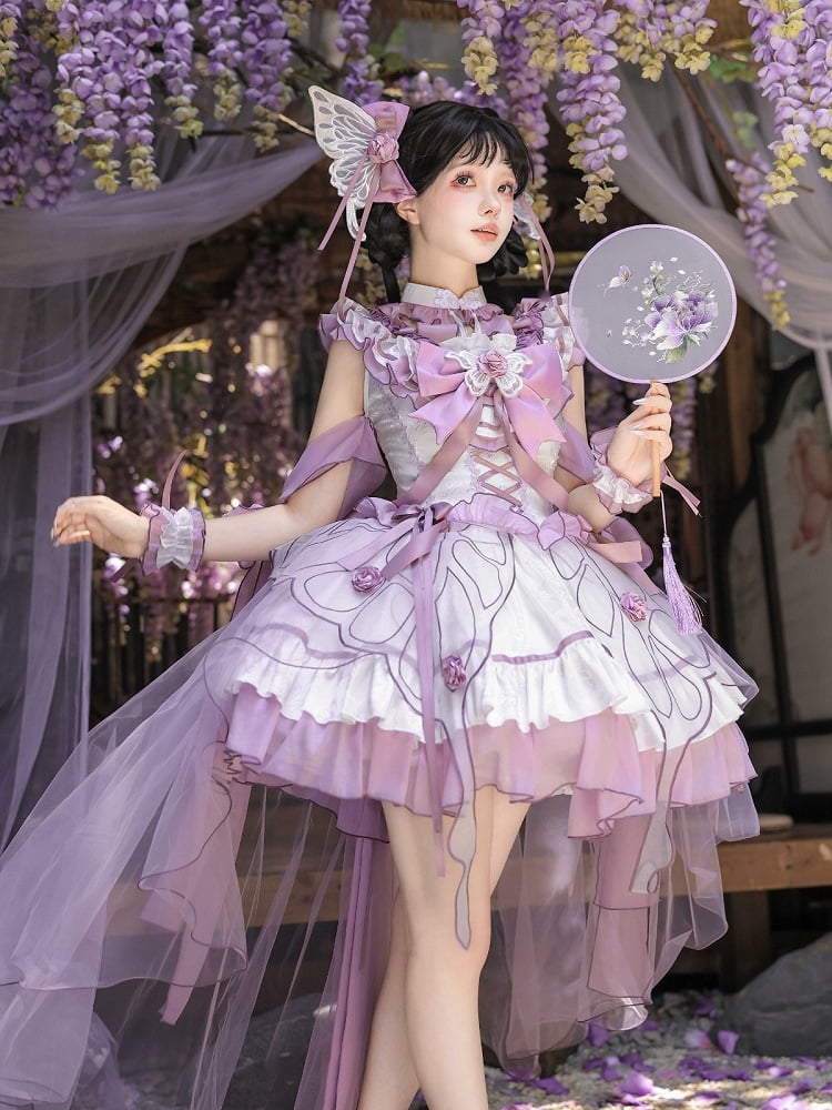 Butterfly Lolita Dress Set with Headpiece and Wrist Cuffs - KIYANA