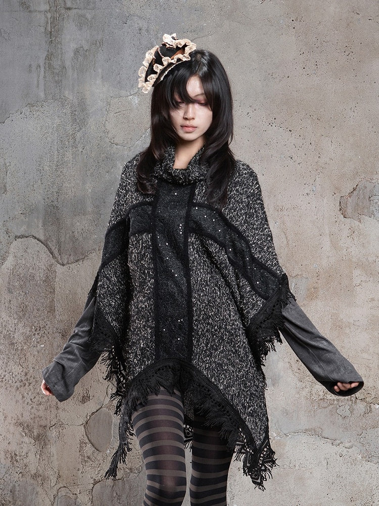 Cross Black Motif Raw Cape Punk and with Vintage Hem