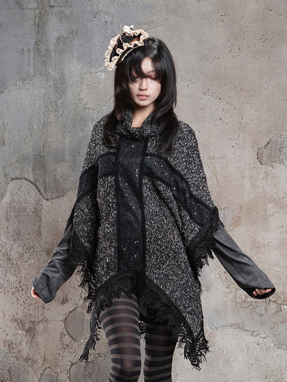 Cross Black Motif Raw Cape Punk and with Vintage Hem