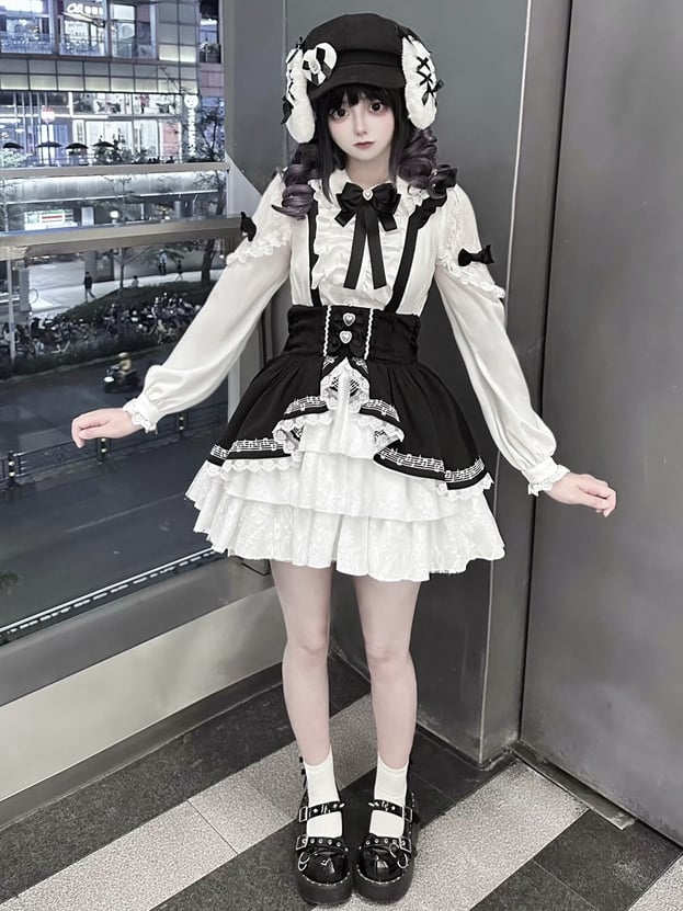 Jirai Kei Schwarz-Weißes Overallkleid mit Stufenrock und hoher Taille im Landmine-Stil