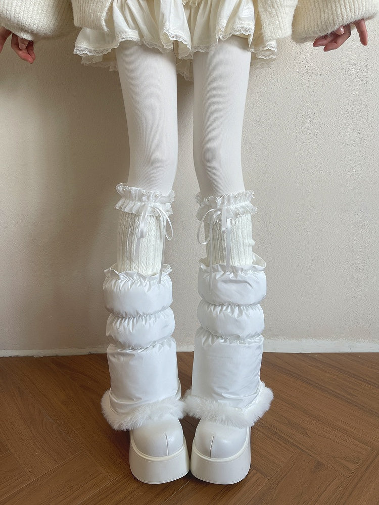 Leg Pearl-Adorned Knit Lace Bows White Ribbon Warmers with Ruffled