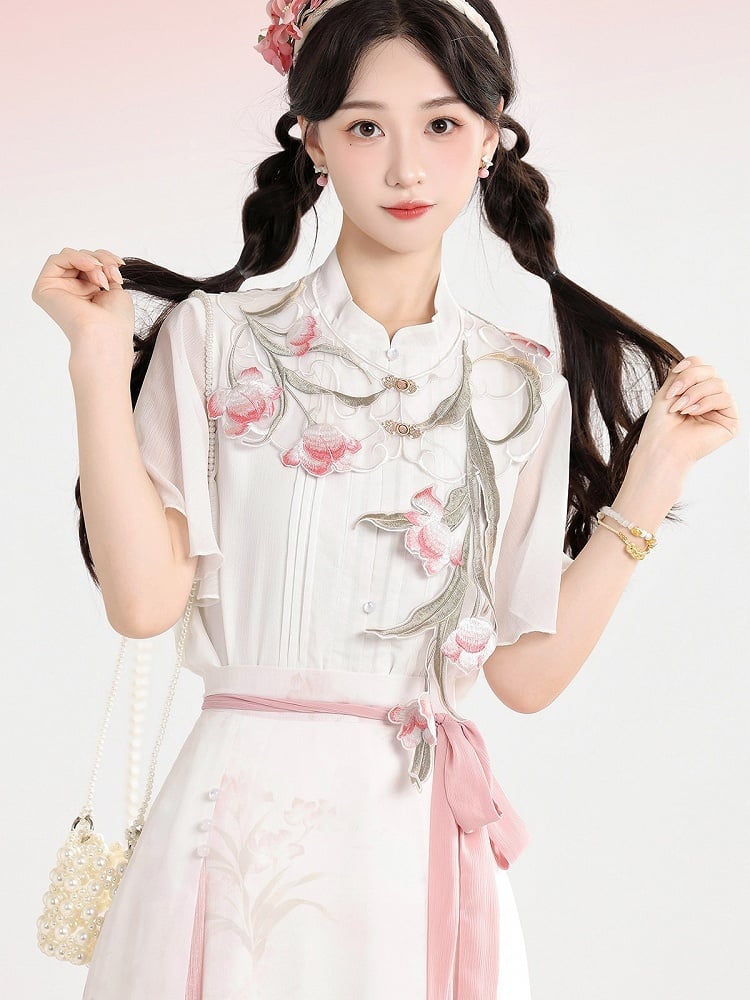 White and Pink Chinese Floral Embroidered Capelet with Chiffon Top and Skirt - Unknown Star