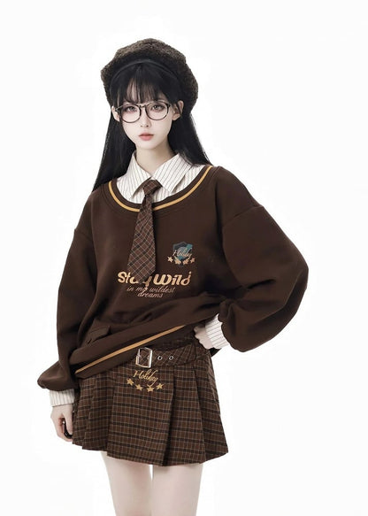 Coffee Plaid Pleated Skirt with Buckle Strap