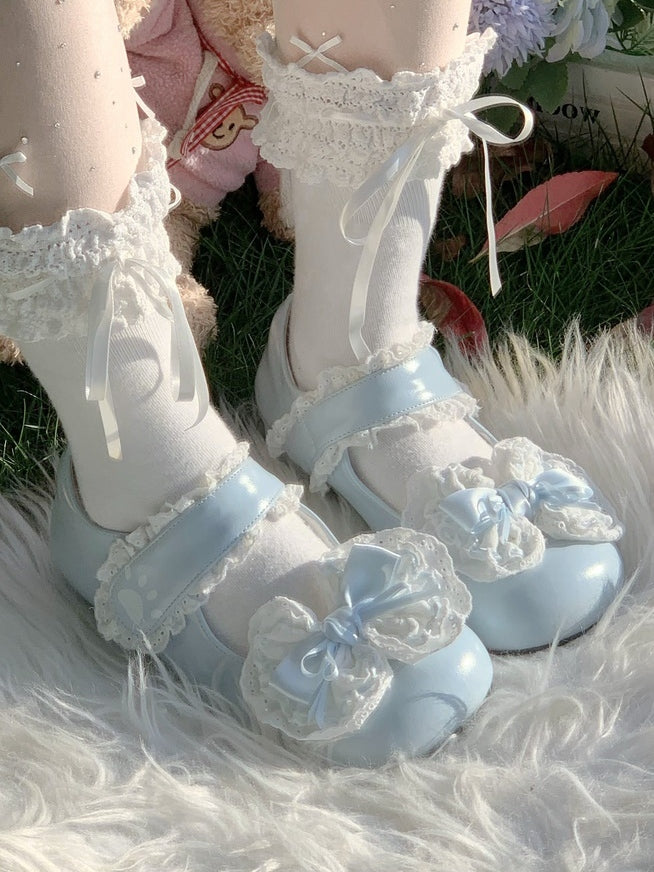 Print Janes with Velcro in Strap PU Mary Toe - Low-heel/Mid-heel Paw Round Bow Blue Removable Closures
