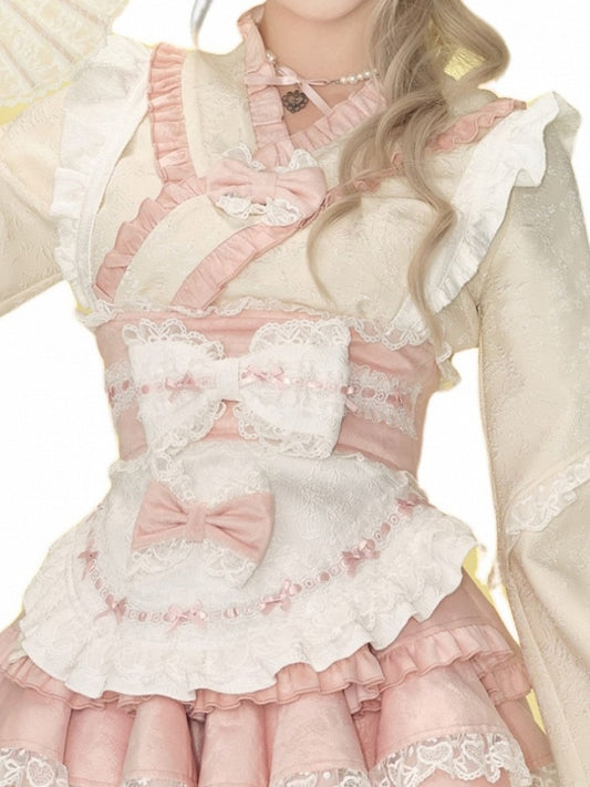 Sash with Pink and White Lace Apron Bow Trim Accents