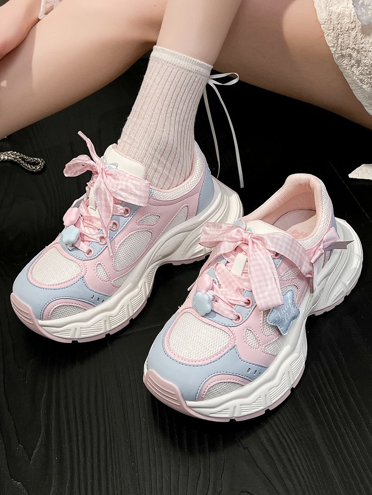 Sneakers Lolita Pink Pattern Plaid Sweet - Lace-Up Blue Closure