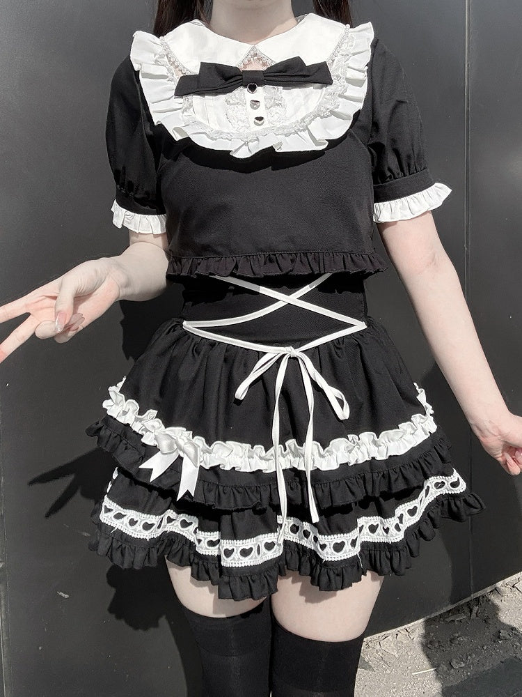 Black & White Peter Pan Collar Top + Tiered Skirt Set - Bug Starting