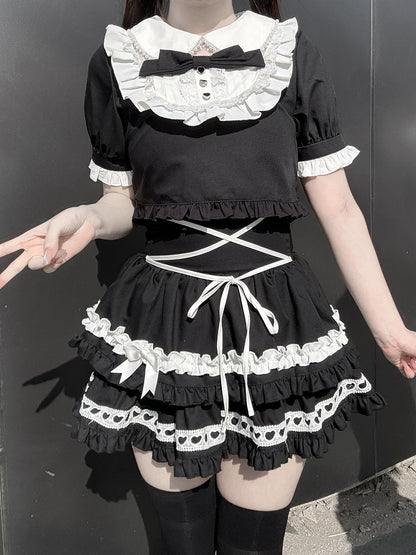 Black & White Peter Pan Collar Top + Tiered Skirt Set - Bug Starting