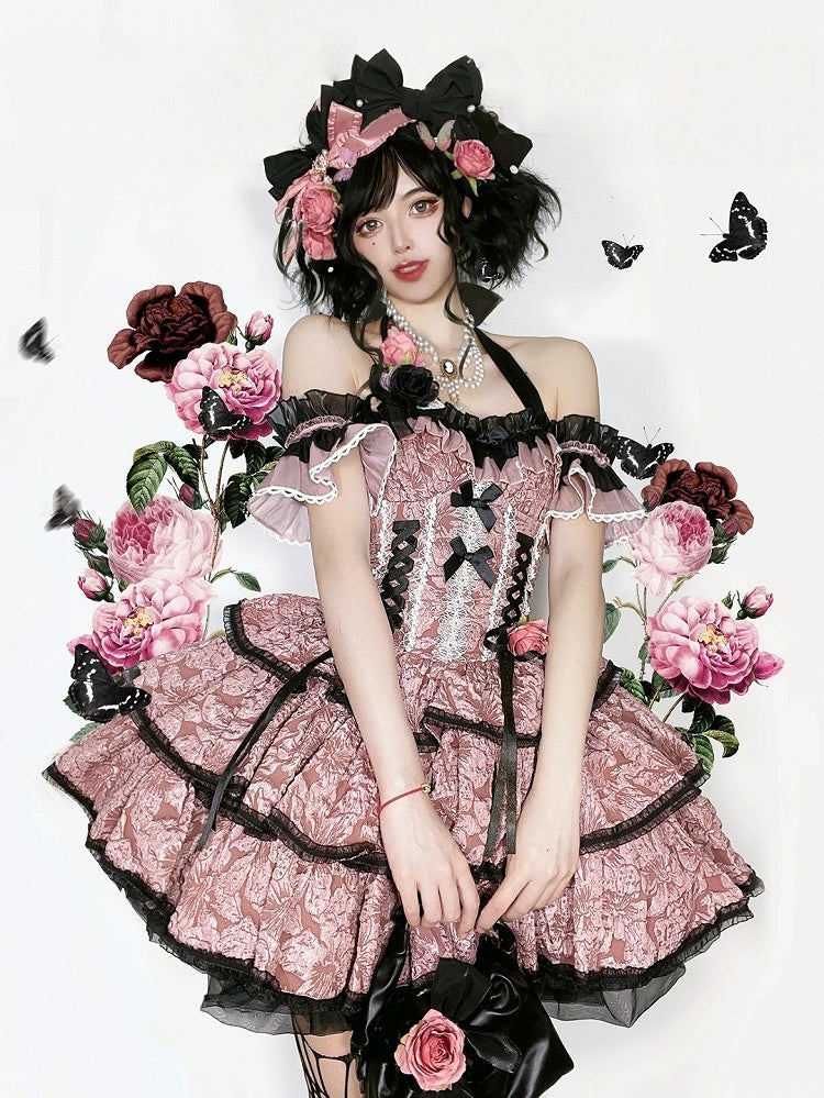 Lolita JSK with and Pink Texture Floral Dark Dress Black Skirt Multi-Layered