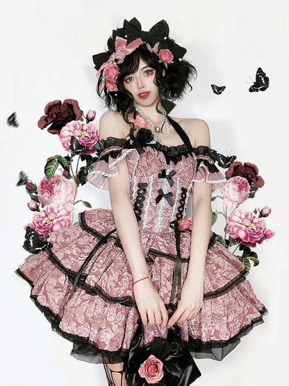 Lolita JSK with and Pink Texture Floral Dark Dress Black Skirt Multi-Layered