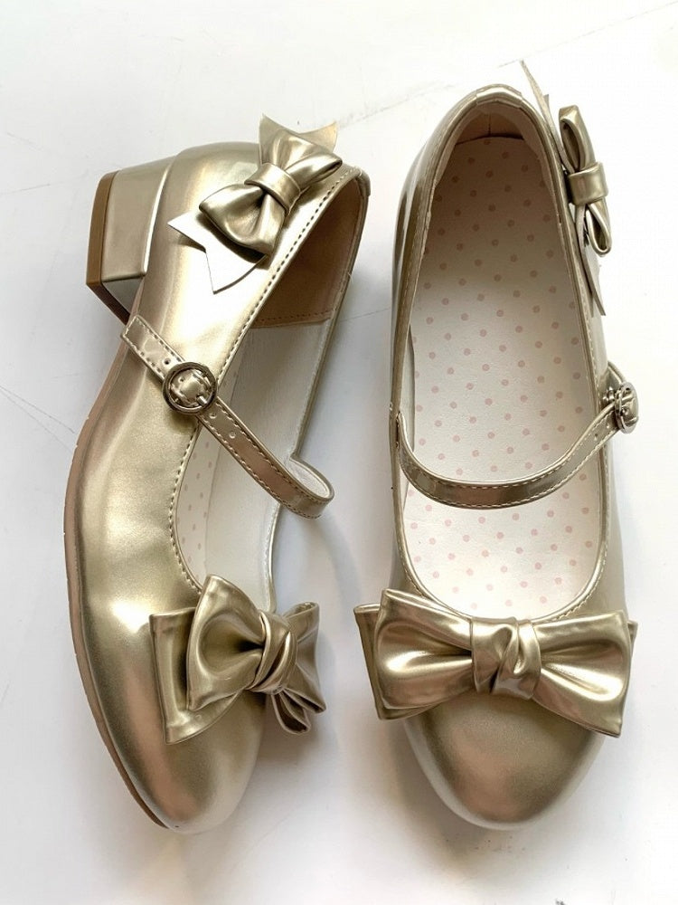 Gold Vintage Round Toe Lolita Shoes with Bow - Unmissable Berry