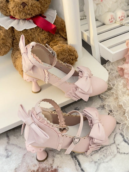 Ruffle High-heel in Decor Bows Accents Scalloped Elegant Mary Trim Jane Lolita Shoes Satin Pink