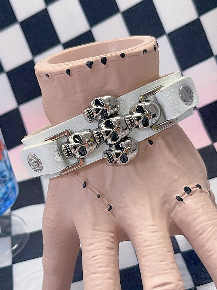 Y2K Black/White/Red Cross Punk Skull Bracelet PU Metal