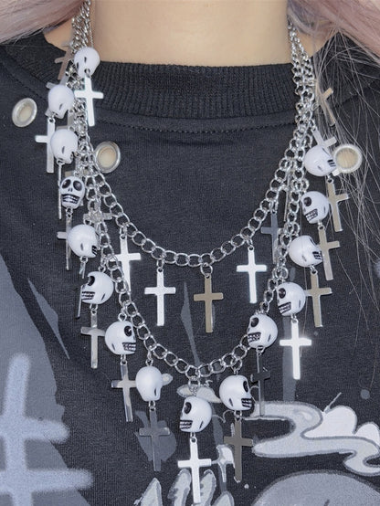 Anhänger Halskette Punk Skelett Kreuz Silber Und
